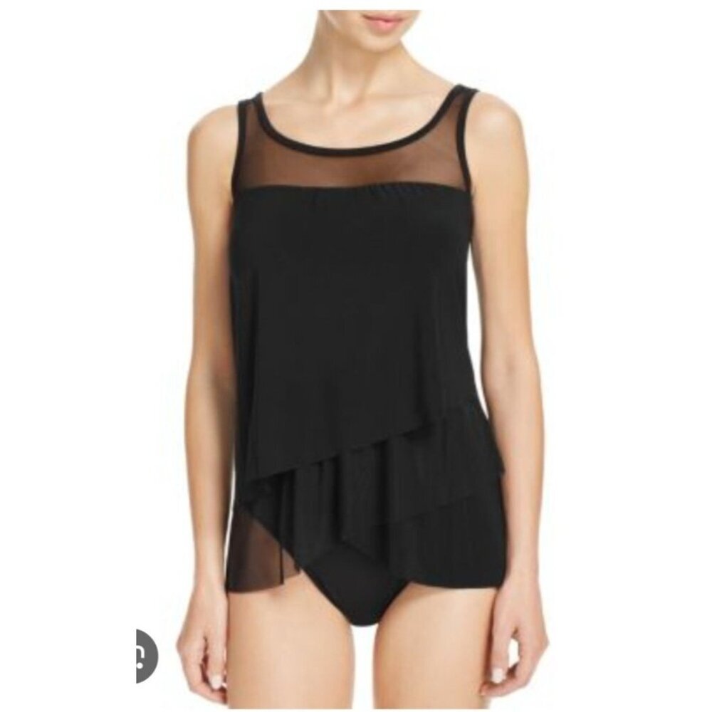 NEW! Miraclesuit Mirage Illusionist Tankini Top Sz 16 Asymmetrical Tiered Black